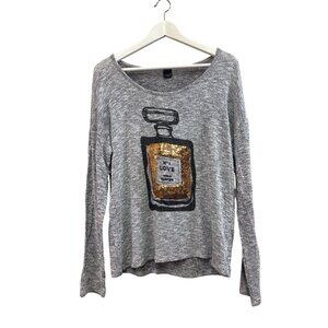 Gray Long Sleeve Sweater With Sequin Graphic Perfume Bottle Design